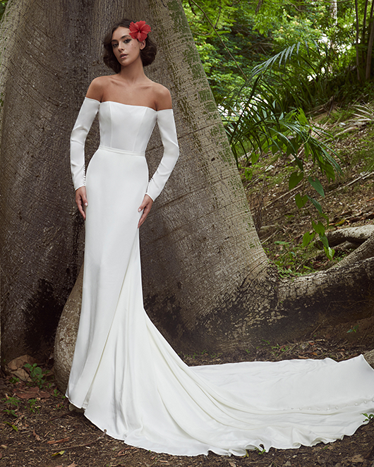 Simple Off the Shoulder Long Sleeve Wedding Dress with Sheath Silhouette